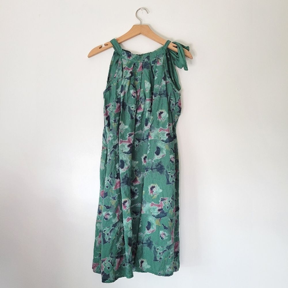 Italian New Mode SRL 100% Linen Green Abstract Mini Dress Adjustable S